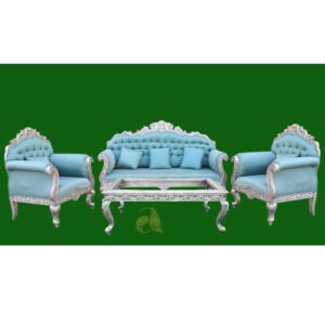 Silver 925 Hand Crafted Sofa Set in Sky Blue Leather with coffee table