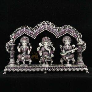 Ganesh Laxmi and Saraswati Silver idol with kemp stone
