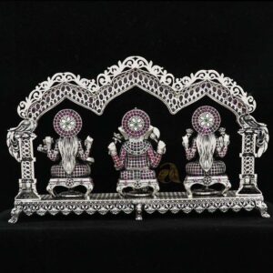 Ganesh Laxmi and Saraswati Silver idol with kemp stone